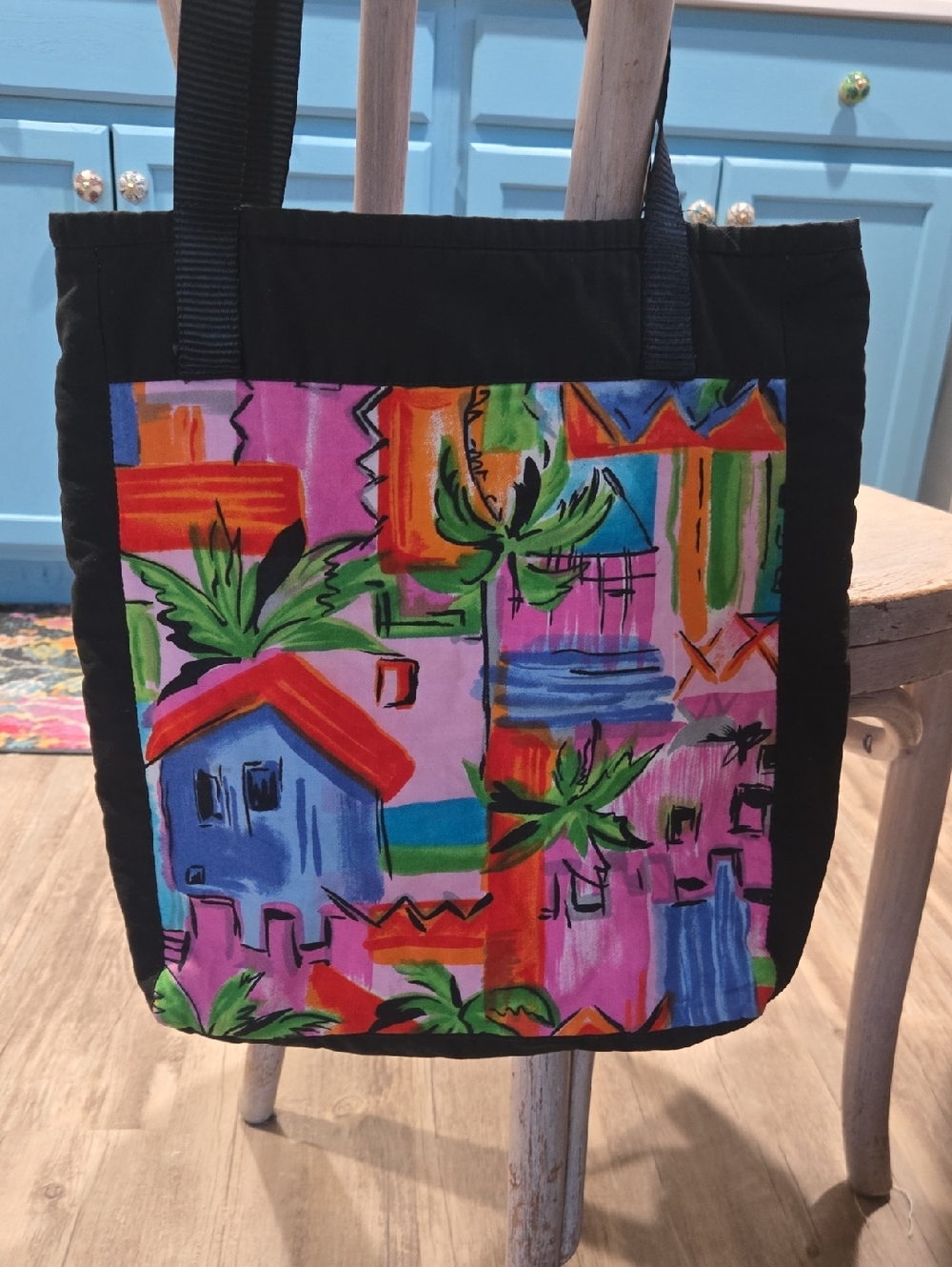 Colorful Tropical Print Tote Bag - Black Trim